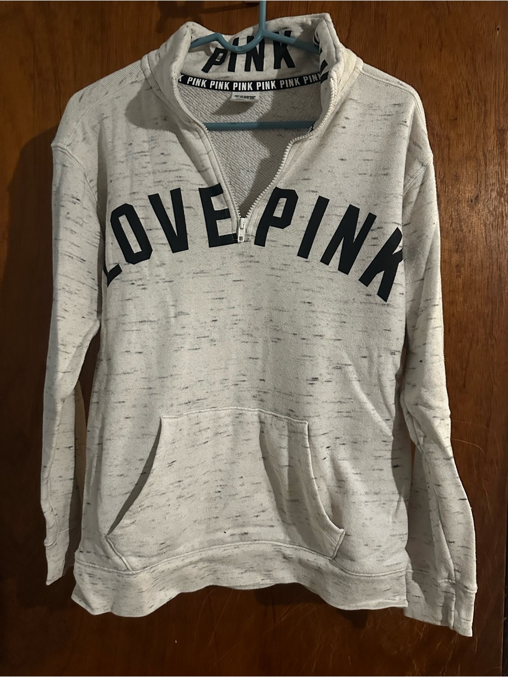PINK Victoria's Secret Cream Speckled Half-Zip 'LOVE PINK' Sweatshirt